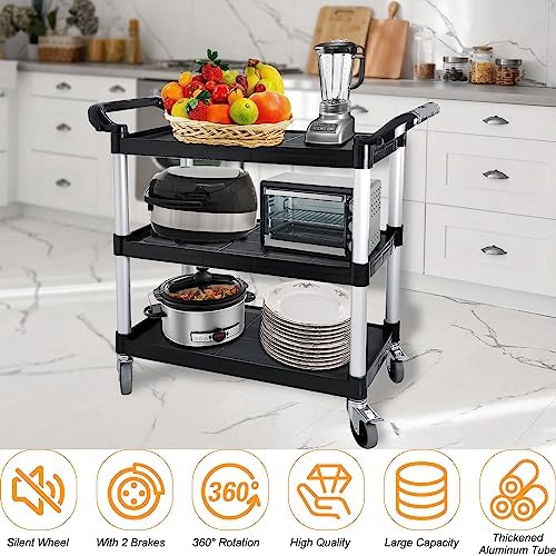 Plastic Utility Cart with Wheels, 3 Tier Rolling Cart with Lockable Wheels, Heavy Duty 510lbs Capacity Food Service Cart for Office, Restaurant, Kitchen, Home, Warehouse - Image 2