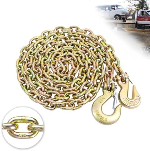 TKK 5/16" G80 Trailer Tow Chain, 8 FT Heavy-Duty Safety Chain Equipped with Snap Hook and Clevis Grab Hook, Rated 4,900 lbs WLL by TKK