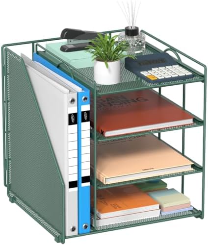 Desk File Organizer and Accessories, 4-Tier Paper Organizer with Vertical File Holder, Office Desk Accessories & Workspace Organizers and Storage for Office Supplies (Green) by HOME
