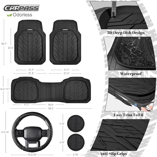 CAR PASS Rubber Leather Steering Wheel Cover Large-Size 15.5-16 Inches Fit for Truck SUV Large Car Ram F150 Tundra 4Runner Tacoma, XXL Heavy Duty Deep-Dish Car Floor Mats, Trim-to-Fit Car Mat Black - Image 3