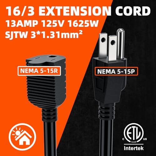 100 FT Outdoor Extension Cord | Black Extension Cord Waterproof, 16 Gauge 13Amps 125V, SJTW, ETL Listed, Indoor/Outdoor Use - Image 2