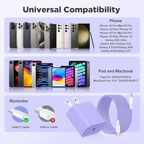 Hzevn 20W USB C Fast Charging for iPhone 17 Air/16/15 Pro Max,2Pack Colorful Mixed Charger Block with Braided Long USB C to C Cables (6/6ft) Compatible with iPhone16/15 Pro/15 Plus/iPad Pro - Image 7