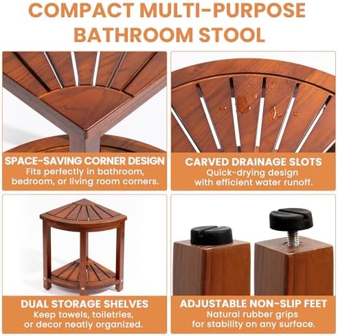 Axeman Space-Saving Teak Shower Stool with Storage Shelf - 12" Corner Shower Bench for Small Spaces - Waterproof 2-Tier Design for Shaving, Bathing & More (350lb Capacity) - Image 5