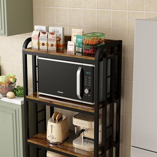 4-Tier Kitchen Baker's Rack with Rolling Wheels, Microwave Oven Cart Stand, Adjustable Utility Shelving Storage Unit, Heavy Duty Organizer Rack for Living Room, Garage, Home and Office(Brown) - Image 5