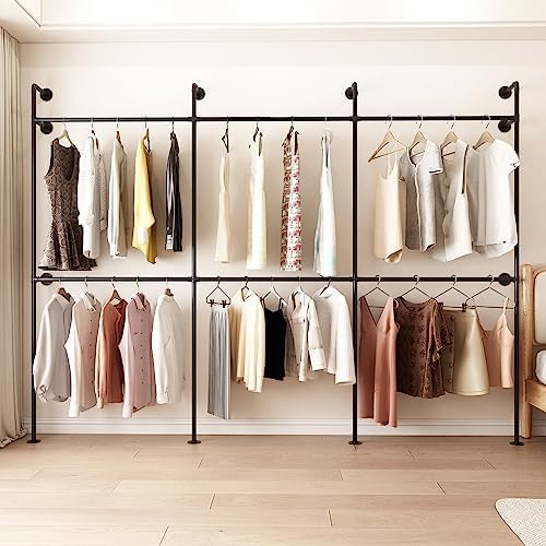 ORSENIGO Industrial Pipe Clothing Rack, Heavy Duty Metal Clothes Rack with Double Rods for Hanging Clothes, Wall Mount Space-Saving Garment Display Rack - Image 2
