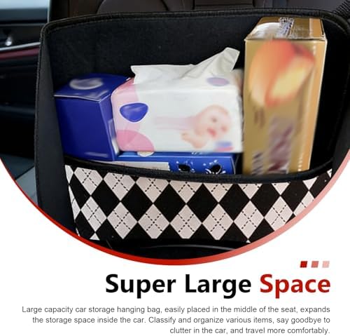 Car Between-Seat Storage Bag, Argyle Pattern Bowknot Decor Car Console Organizer for Grocery Personal Item, Universal for Most Car Models (Black & White) - Image 4