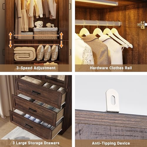 75" Tall Farmhouse 4 Doors Armoire Wardrobe Closet with 3 Drawers and LED,Freestanding Closet Wardrobe Cabinet for Bedroom with Hanging Rod,Wooden Armoire Storage Cabinet with Adjustable shelve(Brown) - Image 7
