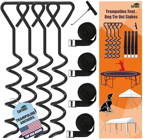 EURMAX USA 4-Pack Windproof Trampoline Stakes Anchor Kit-Steel Corkscrew Anchor,Heavy Duty Tie Down Kit with T-Hook&Reinforced Safety Straps,Secure Weatherproof Protection for Trampoline,Tent&Playset by Eurmax