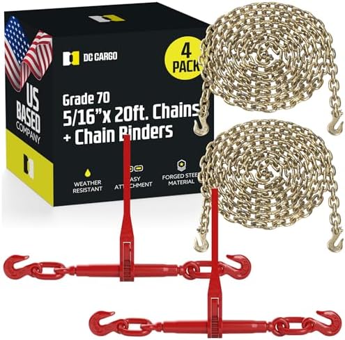 DC Cargo Chain Binder Kit (2 Sets) | 5/16" Grade 70 Extra Long 20 Foot Chain - and Load Binder Set | Heavy Duty Ratcheting Chain and Binder | Load Chain and Binders – 4,700lb Working Load Limit As Set by DCCargo