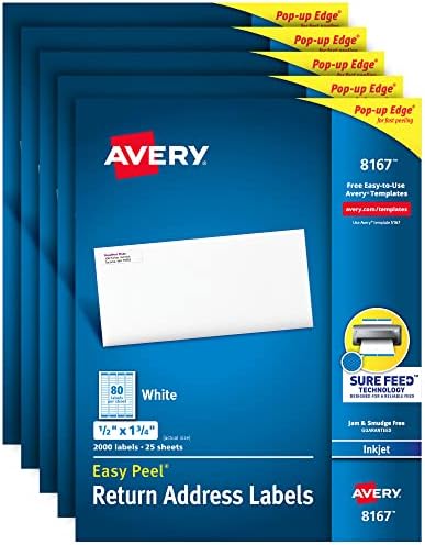 Avery® Mailing Address Labels, Inkjet Printers, 10,000 Labels, 1/2 x 1-3/4, Permanent Adhesive, Easy Peel® (5 Packs 8167) by Avery