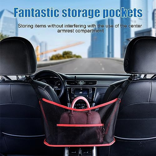 Ziciner Car Net Pocket Handbag Holder, Organizer Mesh Bag Between Two Seat, Driver Storage Netting Pouch for Handbag Purse, Barrier of Backseat Pet Kids, Car Accessories for Women Men (Black&Red) - Image 6