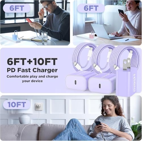 Hzevn 20W USB C Fast Charging for iPhone 17 Air/16/15 Pro Max,2Pack Colorful Mixed Charger Block with Braided Long USB C to C Cables (6/6ft) Compatible with iPhone16/15 Pro/15 Plus/iPad Pro - Image 6