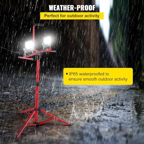 VEVOR LED Work Light with Stand, 5000 Lumen Dual-Head LED Work Light with 27.6"-68.1" Adjustable and Foldable Tripod Stand, IP65 Waterproofed LED Tripod Work Light, with 5000 Kelvin Color Temperature - Image 3