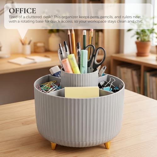 KONVINIT Pencil Pen Holder for Desk, 5 Slots 360-Degree Rotating Desktop Organizer, Cute Desk Organizers and Accessories for School, Home, Office and Art Supply, Grey - Image 7