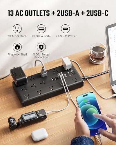 SUPERDANNY 10Ft Extension Cord with Multiple Outlets, Flat Plug Power Strip - Image 2