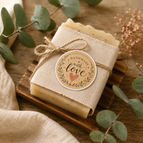 60pcs Handmade with Love Stickers, Kraft Floral Wreath Packaging Labels, Small Business Branding Seal Stickers for Handmade Products, Round 2 Inch Thank You Tags - Image 4