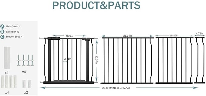 Extra Wide Baby Dog Gates for Doorways Tension Indoor Safety Gates Black Metal - Image 3