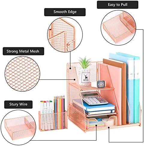 Topwey Rose Gold Desk Accessories, Office Supplies Desk Organizer Caddy with Sliding Drawer, Double Tray, File Organizer and pen holder for Home, Office School - Image 2