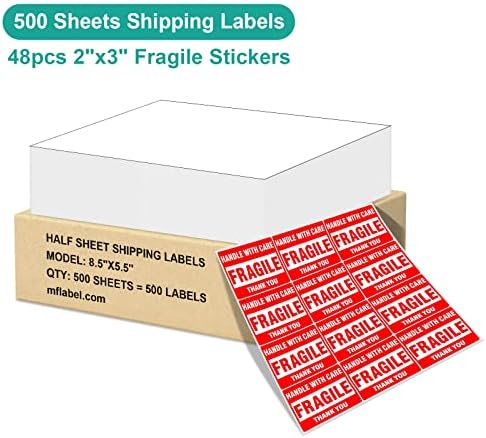 MFLABEL Full Sheet Shipping Labels 8.5x11 Inch - Matte White Permanent Adhesive Paper for Laser & Inkjet Printers (500 Sheets) - No Cut Needed Address Labels + Free 48 Fragile Stickers - Image 2