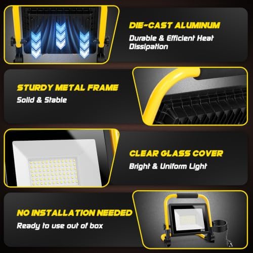 LED Work Light, 12000LM 6500K Portable Work Light with 5FT Cord, IP66 Waterproof Flood Lights Outdoor with Stand & Switch, Bright Indoor Outside Lighting for Job Site Construction Car Repairing Garage - Image 6