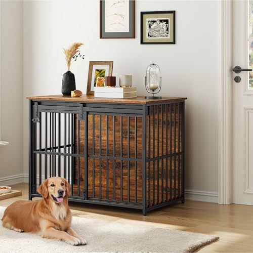 HOOBRO Dog Crate Furniture, 36.6" Heavy Duty Dog Kennel with Sliding Barn Door, Wooden Dog Cage Indoor, Decorative Side End Table for Small/Medium Dogs, Rustic Brown and Black FG162GW03G1 - Image 6