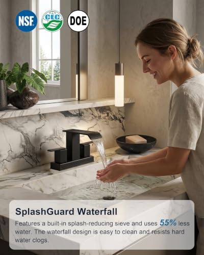Matte Black Bathroom Faucets, 4 Inch Centerset 3 Hole Waterfall Sink Faucet with Pop-up Drain & Hose, Modern Anti-Splash Vanity Fixture for DIY Bathroom Upgrade - Image 2