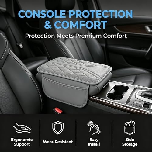 Car Center Console Cover, Leather Car Armrest Cover with 2 × Storage Bags, Waterproof Auto Arm Rest Covers Pad, Universal Console Covers for Storage Box Protector for Vehicle SUV Truck (Gray) - Image 5