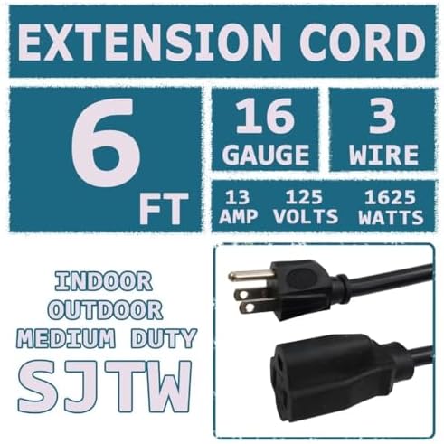 Indoor Outdoor Extension Cord 6 FT Waterproof, 16/3 Gauge Heavy Duty Black Extension Cords, 13A 1625W SJTW Extension Cord with 3 Prong Grounded Plug, Great for Tools, Lights, UL Listed. - Image 2