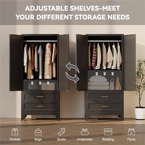 Baborokic Metal Wardrobe Cabinet with Hanging Rod,71" Armoire Wardrobe Closet with Adjustable Shelves,Farmhouse Steel Clothing Storage Cabinets for Bedroom,Office,Laundry Room Black - Image 3
