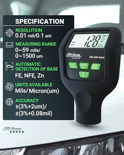 Paint Thickness Gauge CM-224 Auto – Digital Coating Thickness Meter for Cars and Automotive Inspection, Fe / Al / Fe+Zn Detection, 0.1 μm Resolution, Factory Calibrated, Large Backlit LCD - Image 2