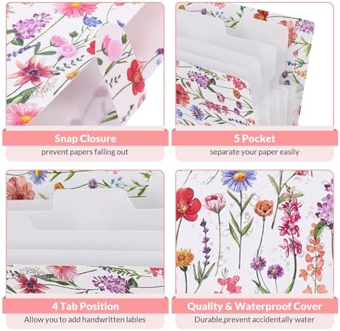 SKYDUE Accordion File Organizer, Floral Expanding File Folders with 5 Pockets, Cute Document Organizer for Paper Bills Receipt Storage, School Office & Hospital Supplies Letter/A4 Size White - Image 4