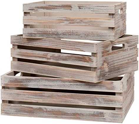 Large Size Wood Crates for Storage, Decorative Vintage Walnut Wooden Boxes for Display, Handmade Solid Wood Set of 3 Rustic Crates (Walnut) by SENRYEE