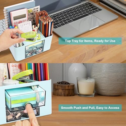 Meiikun Plastic Pen Organizer, Multifunctional Desk Organizer with 2 Drawers, 4 Compartments & a Top Tray, Pencil Holder Desktop Organizers and Accessories for Office, 7.7" x 5.5" x 3.9" (Blue) - Image 6