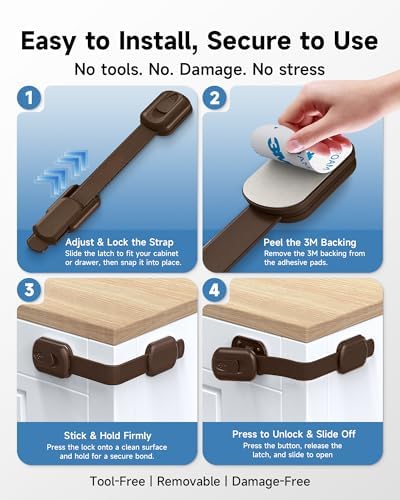 Infinno 12 Pack Cabinet Locks Baby Proofing Heavy Duty - Child Safety Cabinet Locks for Drawers, Cupboards & Fridge – No Drill 3M Adhesive Locks for Pets - Toddler Safety Latches-Brown - Image 4
