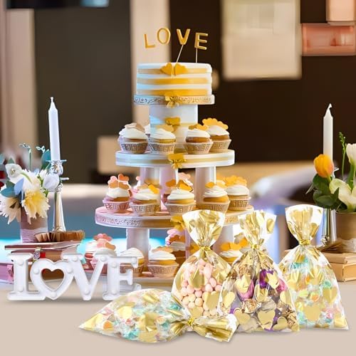 COQOFA 100 Pcs 5x7 IN Gold Heart Cello Cellophane Gift Bags for Baby Shower, Valentine, Wedding, Birthday with Twist Ties - Image 5