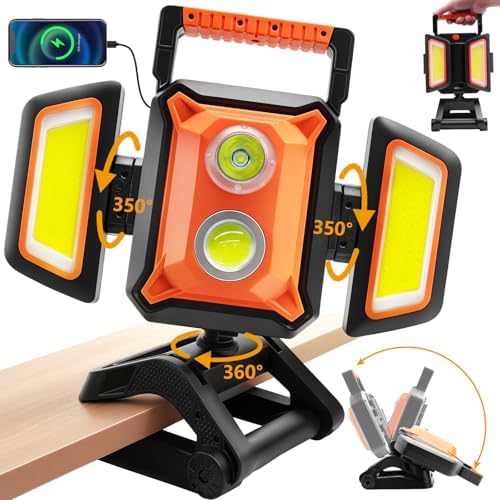 Tresda 4000LM LED Work Light Rechargeable with Clamp, 40W Magnetic Work Light Battery Powered with 5 Light Modes, 350° Rotation, Portable Job Site Lighting for Construction Site,Workshop,Car Repairing by Tresda