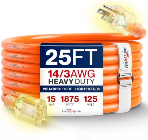 25ft Outdoor/Indoor Extension Cord 14/3 Gauge Heavy Duty 3 Prong SJTW (5-15P/5-15R), Waterproof, Flexible Cold-Resistant Long Power Cord,15A 125V 1875W, Orange by LifeSupplyUSA by LifeSupplyUSA