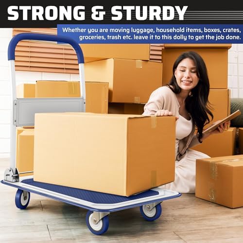 Heavy Duty Foldable Push Cart Dolly | 330 lbs. Capacity | Upgraded Collapsible Hand Truck Folding Platform with Swivel Wheels | Flat Bed Moving Wagon | Space Saving Push Handle (Blue) - Image 5