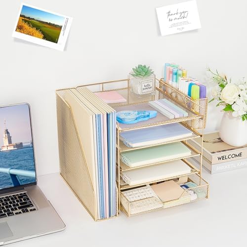 5-Tier Desk File Organizer with Drawer & Pen Holder (Gold) - Image 5