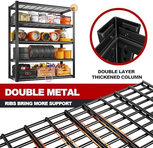 REIBII 48" W Garage Shelving Heavy Duty Load 2500LBS, 5 Tier Storage Shelves, Adjustable Metal Shelves for Warehouse, Pantry, Basement, 48" W X 72" H X18 D, 4PC - Image 5