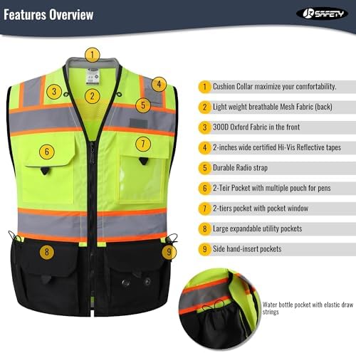 JKSafety Hi-Vis Unisex Surveyor Safety Vest Heavy Duty PPE Inner Pockets ANSI/ISEA Compliant - Image 6