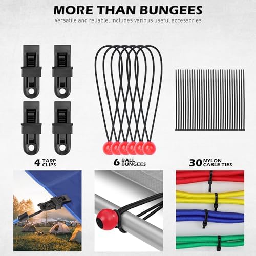 60-Piece Bungee Cords Assorted Sizes - 10" 18" 24" 32" 40" Bungee Cords with Hooks, Heavy Duty Outdoor, Large Medium Small Mini Elastic Canopy Tarp Bungee Ball Ties Tarp Clips Organizer - Image 4