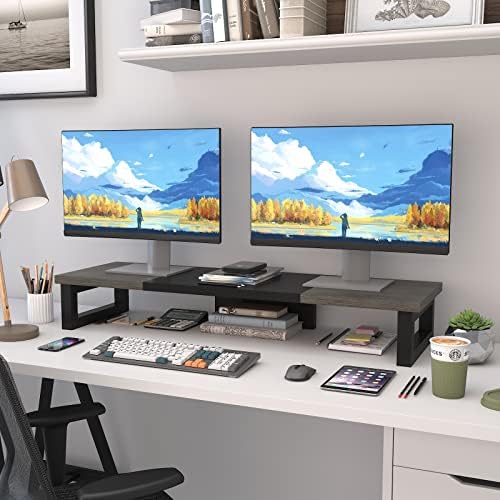 WESTREE Dual Monitor Stand Riser, Wood and Steel Monitor Stand Riser, Computer Monitor Stand for 2 Monitors, Multi-Purpose Desktop Storage Stand for Computer,Laptop,Printer,TV - Image 2