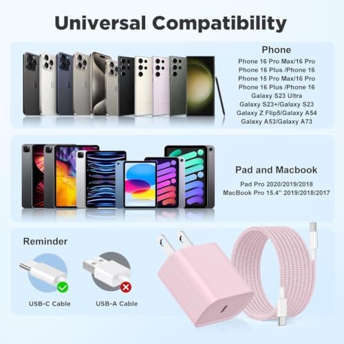 20W USB C Fast Charging for iPhone 17 Air/16/15 Pro Max,2Pack Colorful Mixed Charger Block with Braided Long USB C to C Cables (6/10ft) Compatible with iPhone16/15 Pro/15 Plus/iPad Pro - Image 7