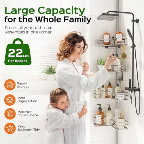HAMITOR Shower Caddy Tension Pole, 4-Tier No Drill Corner Shower Organizer - Image 3