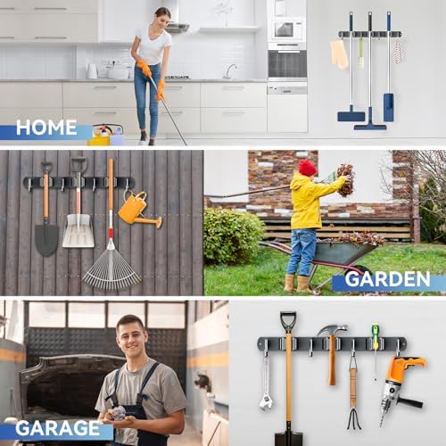 ZONGOOL 2 Pack Mop Broom Holder Wall Mount 3 Racks 4 Hooks Storage Black - Image 7
