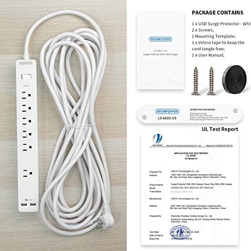 25ft Extension Cord Power Strip, 6 Outlets Surge Protector with 2 USB Ports, 15 A Circuit Breaker, Widely Spaced Outlet, Long Power Strip with Flat Plug Wall Mount for Home Office, Old House - Image 5