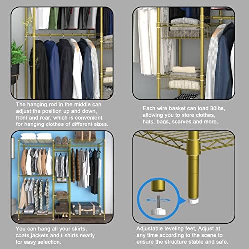 Xiofio 6 Tiers Heavy Duty Clothes Rack, Metal Clothing Rack,Clothing Storage Organizer,Garment Rack with Basket,Hanging Adjustable Garment Rack,65.0" L x 15.7" W x 76.0" H,Max Load 800LBS,Gold - Image 5