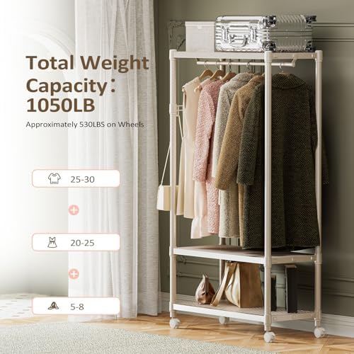 IZEUK Heavy Duty Rolling Garment Rack Wire Clothes Rack for Hanging Clothes (Gold, 3 Tier with 1 Rod, 17.7" D x 33.5" W x 70.3" H) - Image 3