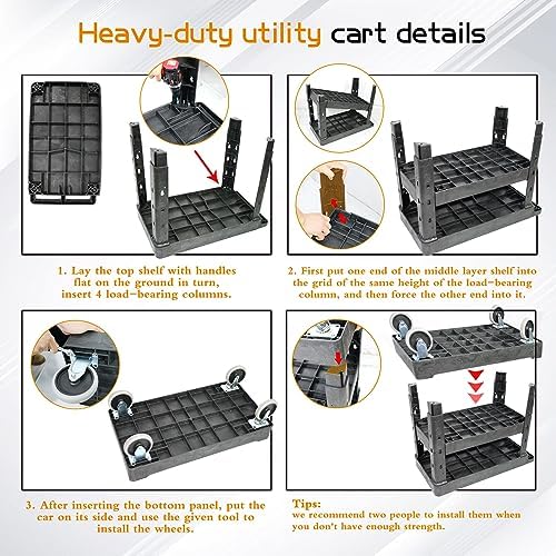 AQNIEGEP 3 Shelf Utility Cart Heavy Duty Rolling Cart with Brake Wheels Storage Service Cart w/Deep Shelves for Warehouse Workshop Cleaning Office Restaurant Commercial Moving 600lbs Capacity Black - Image 4